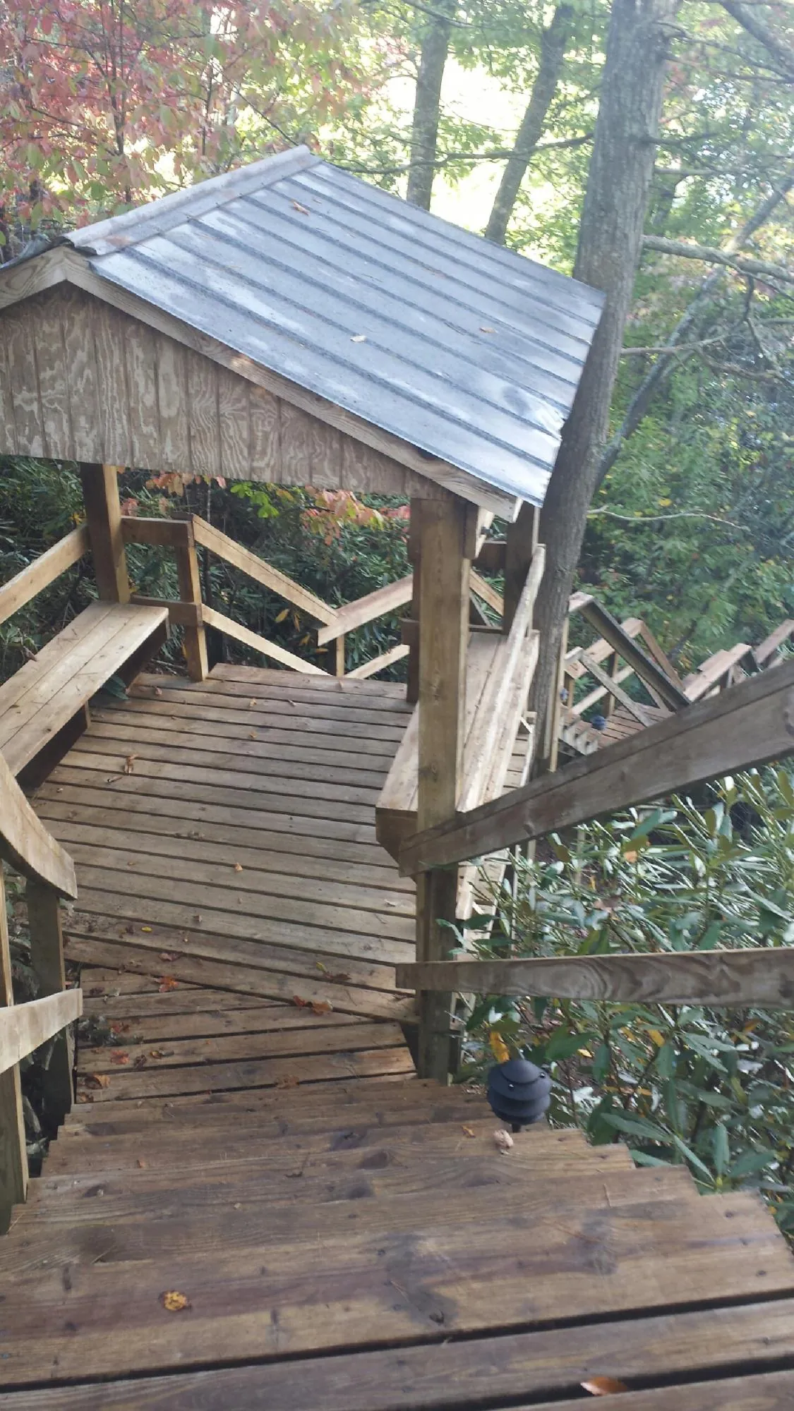 Metal roofed shelter over wooden steps on a wooded walkway — Skylight Repair & Installation work by our crew in Lockhart